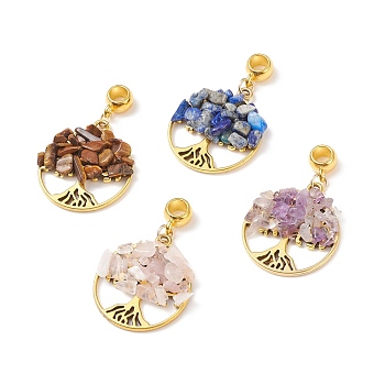 Natural Mixed Stone European Dangle Charms, Large Hole Pendant, with Alloy Findings, Flat Round with Tree of Life, Antique Golden, 39mm, Pendant: 28.5x25x5~7mm, Hole: 4.5mm