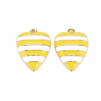 Brass Enamel Pendants, Real 18K Gold Plated, Nickel Free, Heart with Stripe, Yellow, 17.5x13x3.5mm, Hole: 1.2mm