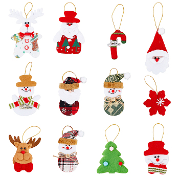 12pcs 12 styles Christmas Velvet Pendant Decorations with Bell, for Christmas Tree Hanging Decoration, Mixed Shapes, Mixed Color, 144~165mm, Pendant: 107~140x73~98x15~26mm, 1pc/style