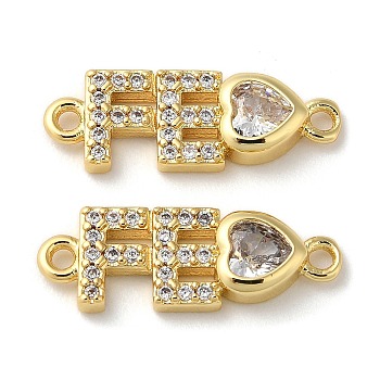 Rack Plating Brass Pave Clear Cubic Zirconia Connector Charms, Long-Lasting Plated, Lead Free & Cadmium Free, Letter FE Heart Links, Real 18K Gold Plated, 6.5x18.5x3mm, Hole: 1.2mm
