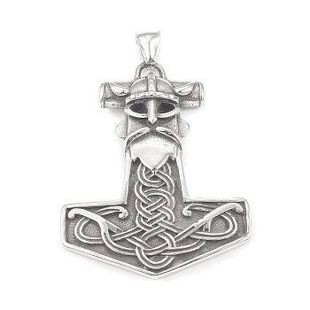 304 Stainless Steel Big Pendants, Thor Hammer with Pirate Charm, Antique Silver, 61x47x6.5mm, Hole: 4x7mm