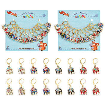 12Pcs 4 Colors Alloy Rhinestone Enamel Elephant Charms Locking Stitch Markers, with Gold Tone Brass Leverback Earring Findings, Mixed Color, 3.6cm, 3pcs/color