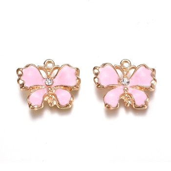 Light Gold Plated Alloy Enamel Pendants, with Crystal Rhinestone, Butterfly, Pink, 18x20.5x3.5mm, Hole: 1.5mm