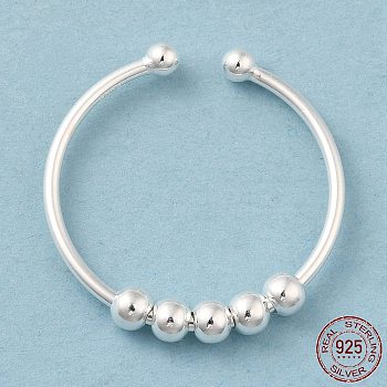925 Sterling Silver Open Cuff Rings, Rotating Beaded Ring for Calming Worry, Silver, US Size 9 1/2(19.3mm)
