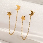 304 Stainless Steel Dangle Stud Earrings, Moon with Star, Golden, 90mm(EJEW-F398-04G)