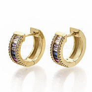 Brass Micro Pave Colorful Cubic Zirconia Hoop Earrings, Round Ring, Real 16K Gold Plated, 17x6mm, Pin: 1x1.2mm(EJEW-S208-063)