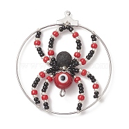Brass Pendants, with Glass Seed & Evil Eye Lampwork & Natural Lava Rock Beads, Ring with Spider Charms, Red, 44~48x40~43x8mm, Hole: 1mm and 2mm(PALLOY-TA00032-02)