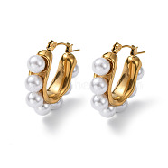 304 Stainless Steel Hoop Earrings, with Plastic Pearl, Golden, 26x7.5x25mm(EJEW-Z037-01G)