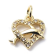 Brass Micro Pave Cubic Zirconia Charms, with Jump Ring, Heart with Dolphin Charms, Real 18K Gold Plated, 12x12x2.8mm, Hole: 3.2mm(ZIRC-F131-15G)