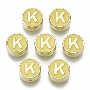 Alloy Enamel Beads, Cadmium Free & Nickel Free & Lead Free, Flat Round with Initial Letters, Light Gold, Letter.K, 8x4mm, Hole: 1.5mm(X-ENAM-S122-028K-NR)