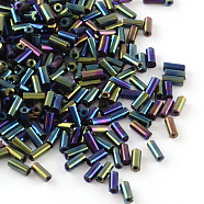Plated Glass Bugle Beads, Iris, Green Plated, 4~4.5x2mm, Hole: 1mm, about 450g/bag, 14000pcs/bag(SEED-R011-705)
