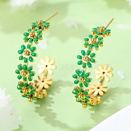 304 Stainless Steel Enamel Stud Earrings, C-Shaped with Flower, Golden, Green, 33.8x7.5mm(EJEW-S226-02G-03)