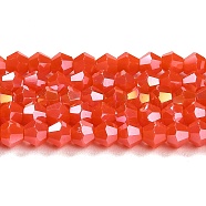 Opaque Solid Color Electroplate Glass Beads Strands, AB Color Plated, Faceted, Bicone, Orange Red, 4x4mm, Hole: 0.8mm, about 82~85pcs/strand, 12.01~12.2 inch(30.5~31cm)(EGLA-A039-P4mm-B03)