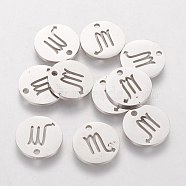 304 Stainless Steel Charms, Flat Round with Constellation/Zodiac Sign, Scorpio, 12x1mm, Hole: 1.5mm(STAS-Q201-T095-8)