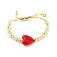 Handmade Lampwork Heart Bracelets, Adjustable 6mm Round Brass Braided Bead Bracelets for Women, Real 18K Gold Plated, Cerise, Inner Diameter: 1-7/8~3-1/8 inch(4.8~7.8cm), Heart: 19x20.5x7mm(BJEW-Q338-01H)