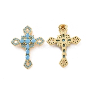 Rack Plating Brass Micro Pave Cubic Zirconia Pendants, with Jump Ring, Long-Lasting Plated, Real 18K Gold Plated, Cadmium Free & Lead Free, Religion Cross Charm, Deep Sky Blue, 24.5x18.5x5mm, Hole: 2x1mm(KK-C008-32G-01)