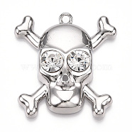 Rack Plating Alloy Rhinestone Pendants, Cadmium Free & Nickel Free & Lead Free, Skull Charms, Platinum, 41.5x38x8.5mm, Hole: 2.5mm(PALLOY-N176-108B-P)