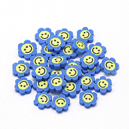 Handmade Polymer Clay Cabochons, Flower with Smile Face, Dodger Blue, 9~11x9~11x2~3mm(X-CLAY-Q241-005A)