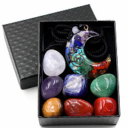 7 Chakra Healing Crystal Stones Kits, Including 7 Tumbled Spiritual Chakra Stones and 1 Moon Gems Necklace, 20~30x15~20mm(WG51860-01)
