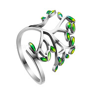 SHEGRACE Stainless Steel Cuff Rings, Open Rings, Wide Band Rings, with Enamel, Leafy Branches, Green, US Size 10, Inner Diameter: 20mm(JR830A)