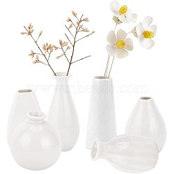 6Pcs 6 Style Mini Ceramic Floral Vases for Home Decor, Small Flower Bud Vases for Centerpiece, Mixed Shape, White, 43~65x70~100mm, Hole: 15~25mm, 1pc/style(BOTT-NB0001-05)