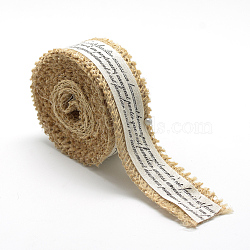 Burlap Ribbon, Hessian Ribbon, Jute Ribbon, with Cotton Ribbons, for Jewelry Making, Word Pattern, Tan, 1-1/8 inch(27~28mm), about 2.187yards/roll(2m/roll), 24rolls/bag(OCOR-R071-08)