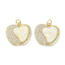 Brass Micro Pave Clear Cubic Zirconia Pendants, with Synthetic Opal and Jump Rings, Real 18K Gold Plated, Fruit Charms, Apple, 16.5x17.5x3.5mm, Hole: 3mm(KK-L213-042G-01)