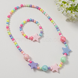 Plastic Beaded Necklaces & Beaded Bracelets, Kid Jewelry Sets, Colorful, Star, 450mm & 140mm(WG32877-16)