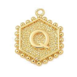 Brass Pendants, Hexagon Letter Charms, Letter Q, 20x16x2.5mm, Hole: 1.5mm(KK-B126-01G-Q)