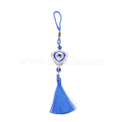 Alloy & Glass Pendant Decorations, Heart & Round Beads with Evil Eyes, Tassels Hanging Ornaments, Royal Blue, 258mm(HJEW-WH0017-27)