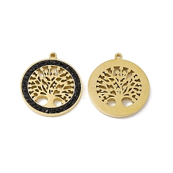 Vacuum Plating 201 Stainless Steel Rhinestone Pendants, Flat Round with Tree of Life Pattern Charms, Real 18K Gold Plated, Jet, 16.5x15x1.5mm, Hole: 0.9mm(STAS-J401-VC779)