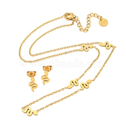 304 Stainless Steel Snake Stud Earring & Necklace Sets for Women, Golden, Earring: 10.5x5mm, Necklace: 15.94 inch(40.5cm)(SJEW-P003-02G)