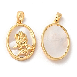 Brass Oval Pendants, Flower Charms with Natural Shell, Real 18K Gold Plated, 22x15x3.7mm, Hole: 2x3.8mm(X-KK-I703-05B-G)
