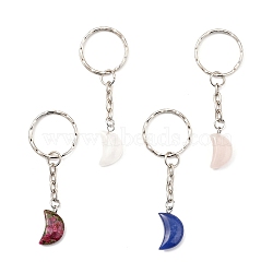 Natural & Synthetic Mixed Gemstone Keychain, with Platinum Plated Iron Split Key Rings, Moon, 71mm(KEYC-JKC00225)
