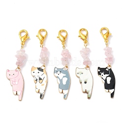 Cat Shapes Alloy Enamel Pendants Decorations, with Zinc Alloy Lobster Claw Clasps and Natural Rose Quartz Chips, Mixed Color, 65~67mm(HJEW-JM01769)