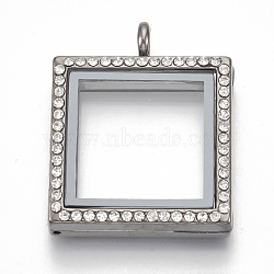 Alloy Magnetic Locket Pendants, with Rhinestone and Glass, Square, Crystal, Gunmetal, 36x29x7mm, Hole: 5mm; Inner Measure: 21x21mm(PALLOY-T052-19B)