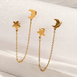 304 Stainless Steel Dangle Stud Earrings, Moon with Star, Golden, 90mm(EJEW-F398-04G)
