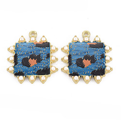 Rack Plating Printed Alloy Pendants, with Enamel and ABS Plastic Imitation Pearl, Cadmium Free & Nickel Free & Lead Free, Square with Leopard Print, Light Gold, Steel Blue, 33x29.5x4mm, Hole: 2mm(ENAM-Q445-006B-NR)