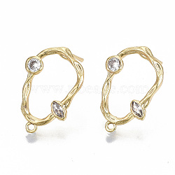 Brass Micro Pave Clear Cubic Zirconia Stud Earring Findings, with Loop, Nickel Free, Twist Teardrop, Real 18K Gold Plated, 20x13.5mm, Hole: 1mm, Pin: 0.7mm(KK-T062-48G-NF)