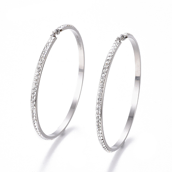 304 Stainless Steel Big Hoop Earrings, with Polymer Clay Rhinestone, Crystal, Stainless Steel Color, 68x65x3mm, Pin: 0.7x1mm