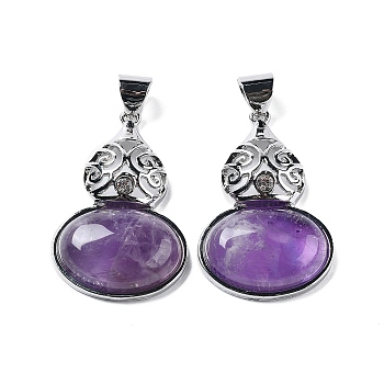 Natural Amethyst Oval Pendants, Platinum Tone Alloy Pave Crystal Rhinestone Gourd Charms, 43.5x28x7.5mm, Hole: 5.8x7.2mm