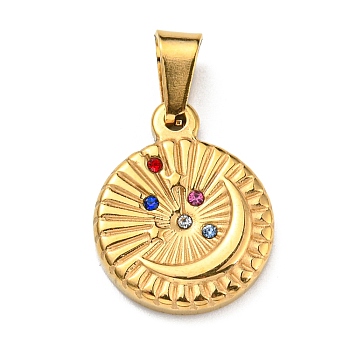 Vacuum Plating 304 Stainless Steel Pendants, with Rhinestone, Flat Round with Moon Charm, Golden, 19x15x3mm, Hole: 7x3mm