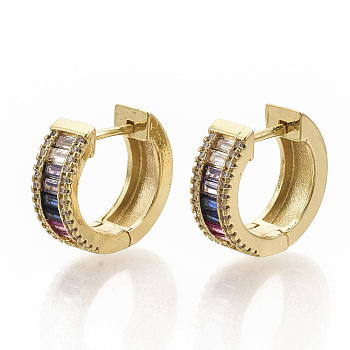 Brass Micro Pave Colorful Cubic Zirconia Hoop Earrings, Round Ring, Real 16K Gold Plated, 17x6mm, Pin: 1x1.2mm