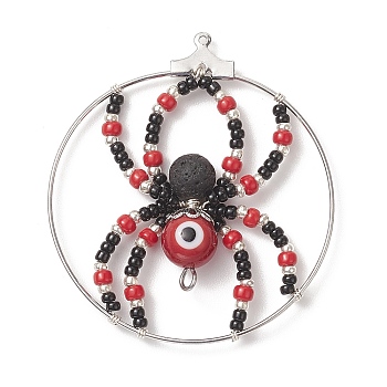 Brass Pendants, with Glass Seed & Evil Eye Lampwork & Natural Lava Rock Beads, Ring with Spider Charms, Red, 44~48x40~43x8mm, Hole: 1mm and 2mm
