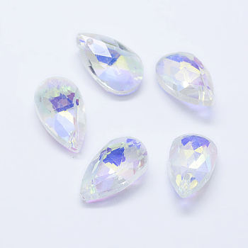Faceted Glass Pendants, teardrop, White, 15x9.5x5.5mm, Hole: 1mm