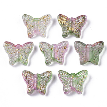 Transparent Spray Painted Glass Beads, with Golden Foil, Butterfly, Medium Sea Green, 12.5x15.5x5mm, Hole: 1mm