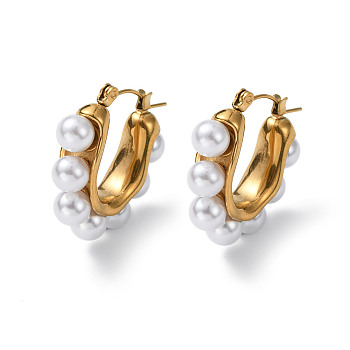 304 Stainless Steel Hoop Earrings, with Plastic Pearl, Golden, 26x7.5x25mm