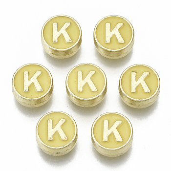 Alloy Enamel Beads, Cadmium Free & Nickel Free & Lead Free, Flat Round with Initial Letters, Light Gold, Letter.K, 8x4mm, Hole: 1.5mm