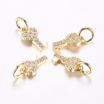 Long-Lasting Plated Brass Micro Pave Cubic Zirconia Charms, Heart Key, Real 18K Gold Plated, 10x5x1.5mm, Hole: 3mm