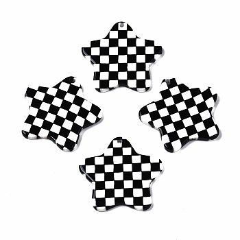 Opaque Cellulose Acetate(Resin) Pendants, Star with Grid Pattern, Black, 26x26.5x2.5mm, Hole: 1.4mm
